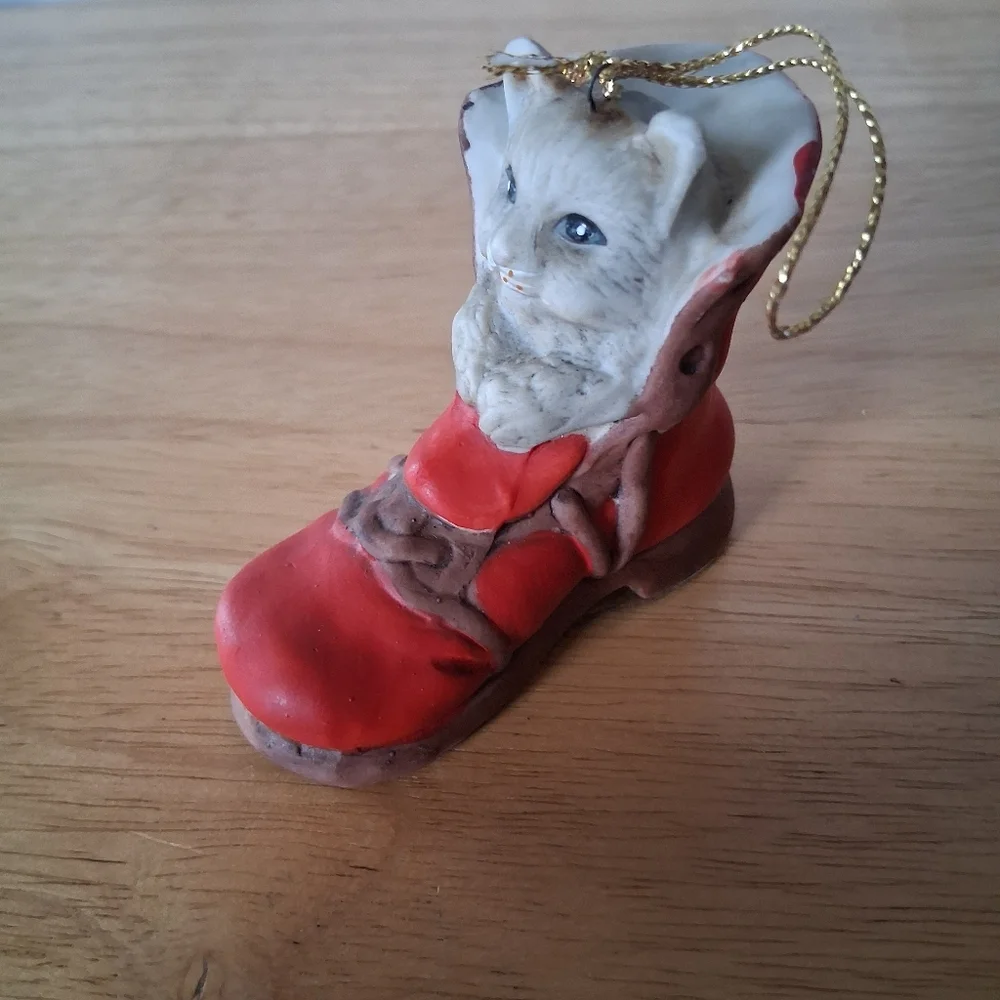 Gray Cat In Red Boot Christmas Ornament